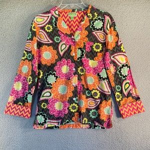 Vera Bradley Bright Floral Paisley Button Top Size XS 100% Cotton Long‎ Sleeve